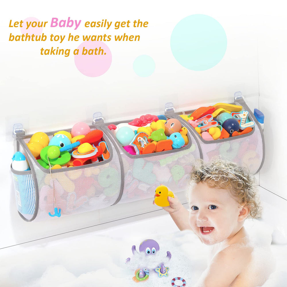 Ligereza Bathtub Toy Holder pocket closeup showing two large pockets for sorting