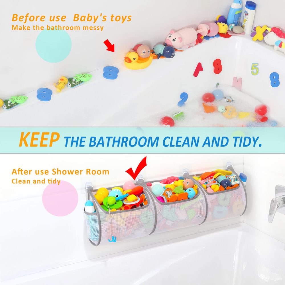 Ligereza Bathtub Toy Holder two pockets closeup emphasizing toy organization