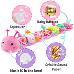 LightDESIRE caterpillar rattle engages baby's hearing during tummy time.