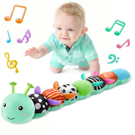 LIGHTDESIRE caterpillar head plays calming music for tummy time.