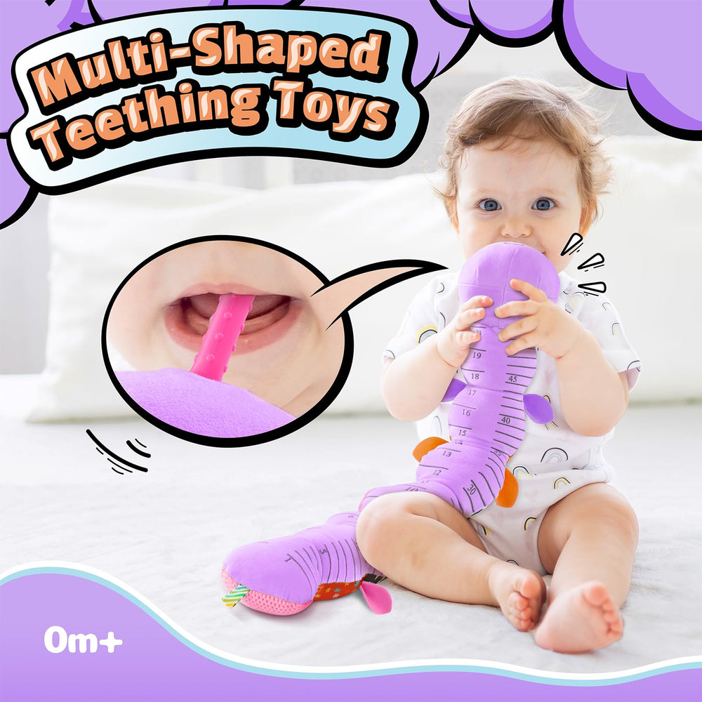 Lightdesire caterpillar teether soothes gums during teething sessions.