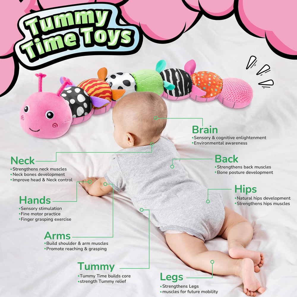 LIGHTDESIRE caterpillar tummy time ruler on belly for growth tracking.
