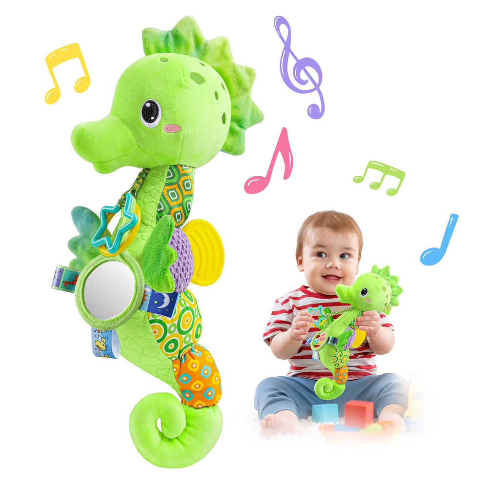 LightDesire Seahorse Melody Toy in lime green soothing newborns during tummy time.