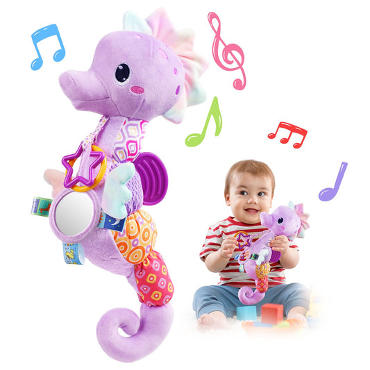 LIGHTDESIRE seahorse toy mirror enhances visual exploration during tummy time.