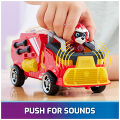 Vehicle lights and sounds activate when Marshall clips into the seat for action
