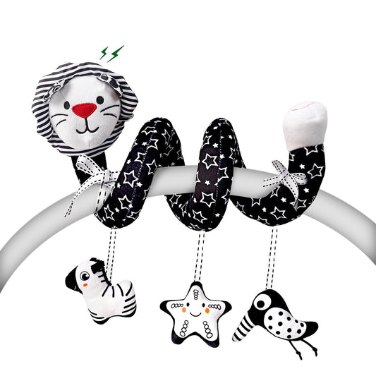 LiKee spiral toy for baby with high-contrast visuals, ideal for stroller attachment.