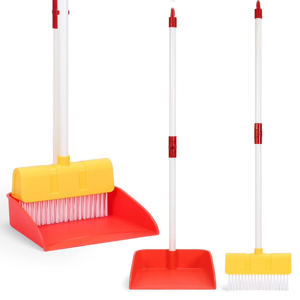 LIMIROLER kids cleaning broom dustpan set in red and yellow for imaginative play.