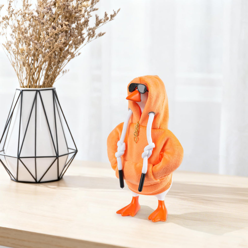 Linastu bright desk setup features goose outfit for upbeat workspace.