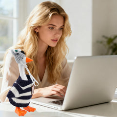 Linastu desk goose outfits: white knit hat on display for decor