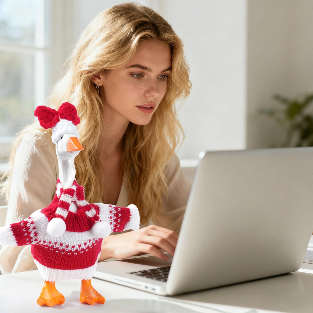 Linastu red desk-goose sweater showcased on a 7-inch statue