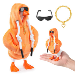 Linastu orange plush hoodie on a desk goose adds vibrant desk decor.