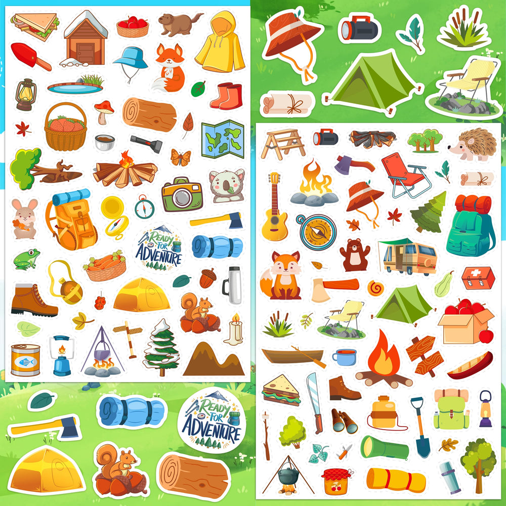 LINAYE camping stickers assortment for kids with colorful camp designs.