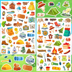 LINAYE camping stickers assortment for kids with colorful camp designs.