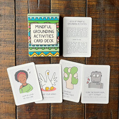 Mindful Grounding Deck 34 ideas cards spread, ready for grounding prompts in therapy or classroom settings.