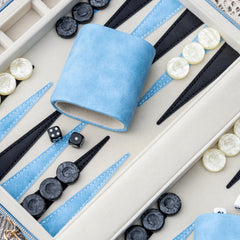 Lingle backgammon board opened blue reveals compact travel setup
