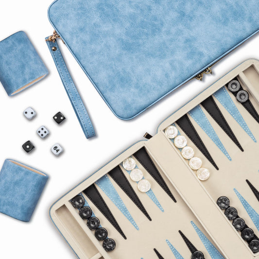 Lingle backgammon folding faux leather case blue for easy travel storage