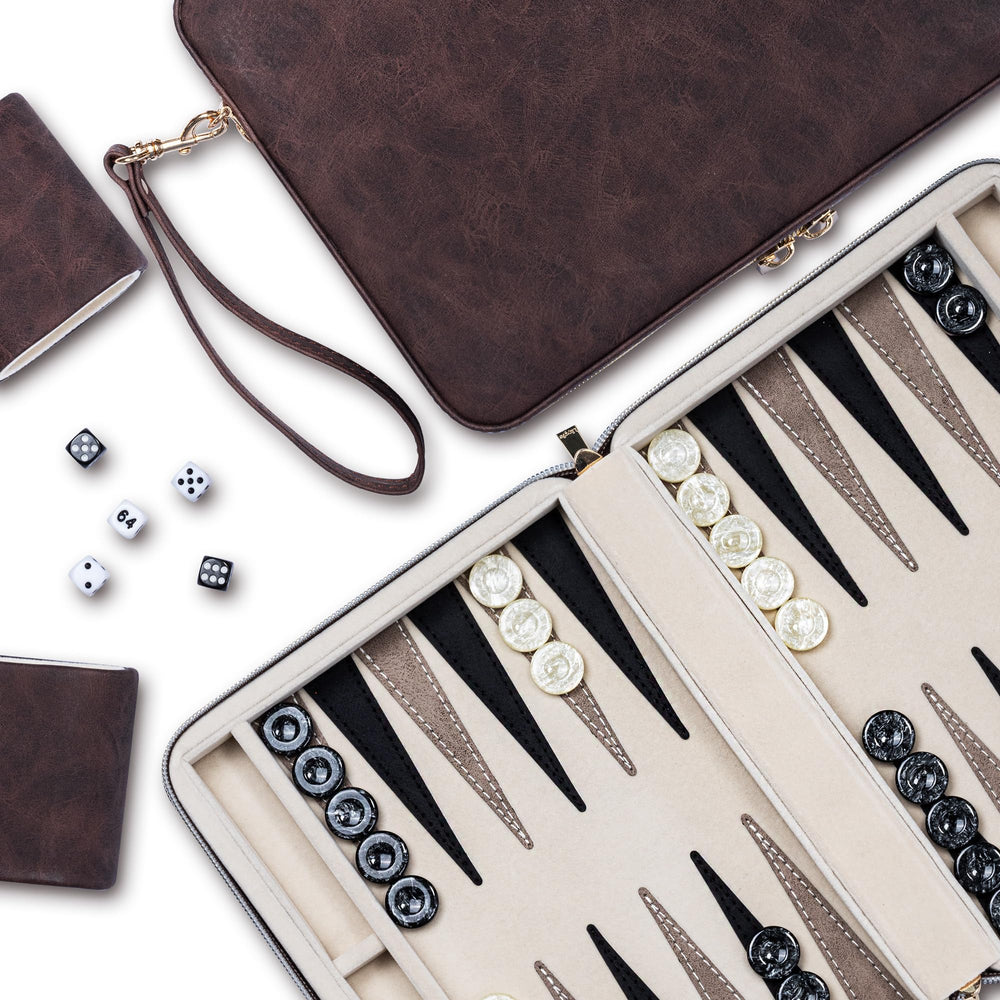 Lingle backgammon set with folding faux leather case for portable play