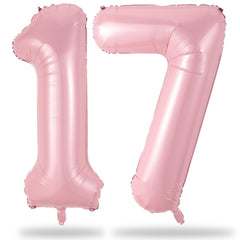 Lingqiang 17-balloon front view shows pastel pink foil numbers for elegant party decor.