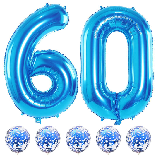 Lingqiang 60th blue foil balloons create a dramatic birthday backdrop.