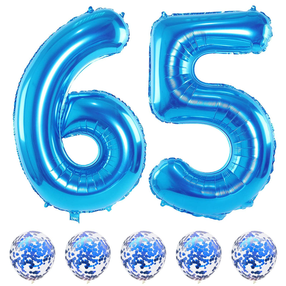 Lingqiang blue 65-number foil balloons form a bold birthday focal point.