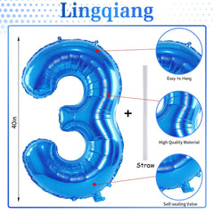 Lingqiang blue number 3 balloon with self-sealing valve for quick setup.