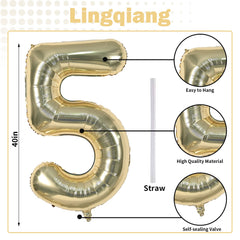 Lingqiang champagne gold foil number 5 balloon close-up shows metallic shine