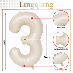 Lingqiang ivory white foil number 3 balloon adds elegant focal point to celebrations.