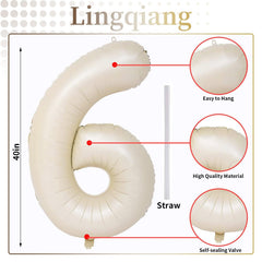 Lingqiang ivory white foil 6-number balloon close-up, premium party decor.