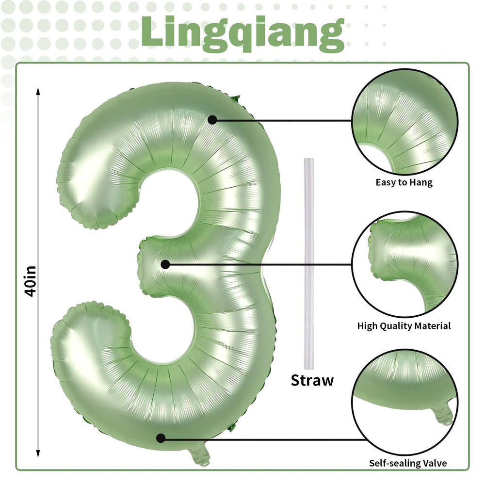 Lingqiang sage-green number 3 balloon with straw for easy inflation and reuse.
