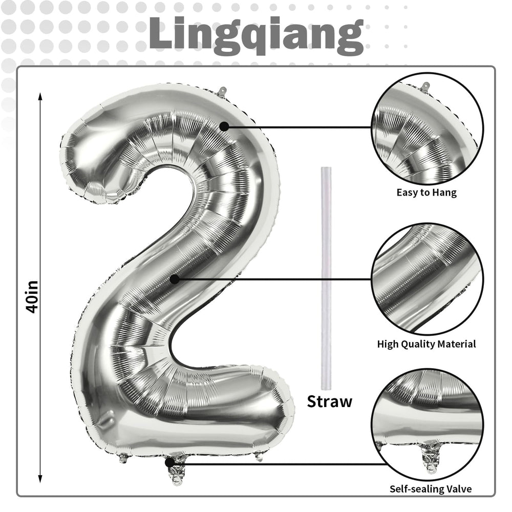 Lingqiang silver number 2 foil close-up highlights glossy surface ideal decor.