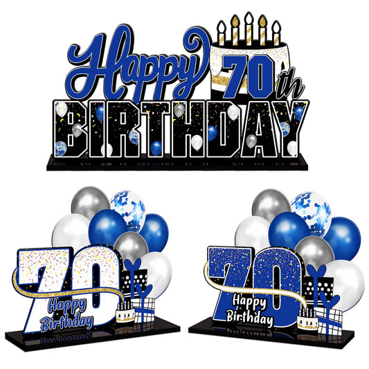 LINGTEER 70th birthday blue acrylic topper on table for festive decor