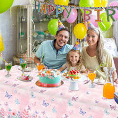 LINHAXM butterfly tablecloth serves as a colorful backdrop for photos.