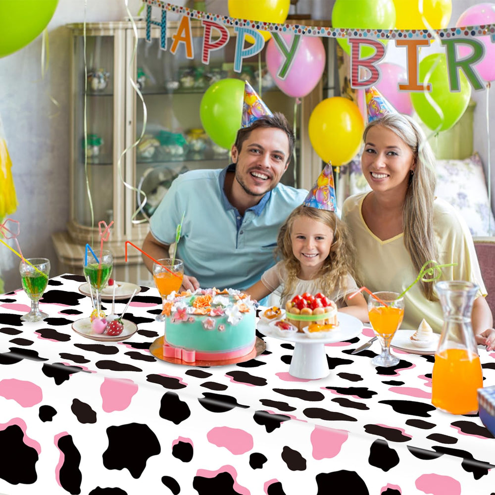 LINHAXM pink cow print tablecloth in a kitchen-dining area for casual meals