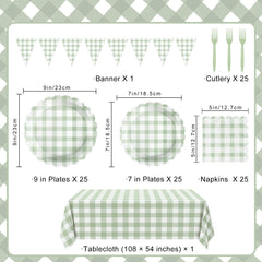 LINHAXM sage green gingham plates 7inch ideal for desserts and easy cleanup.