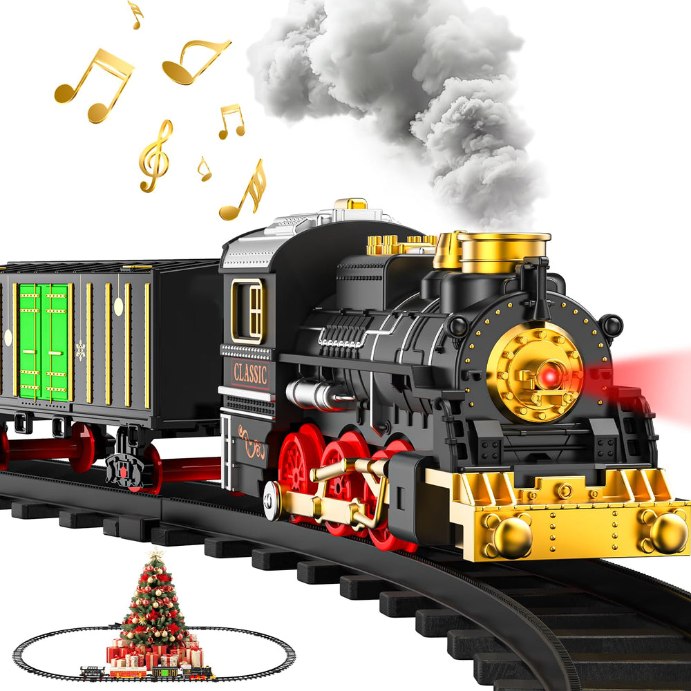 Lipneaed train set locomotive steam engine on track with smoky realism for festive play.