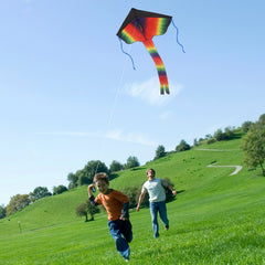 Listenman red mollusc octopus kite with long tail ready to fly.