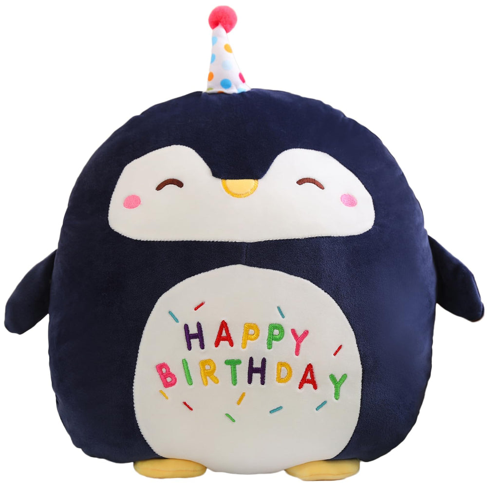 Litence penguin plush with birthday hat smiling for cheerful playtime.