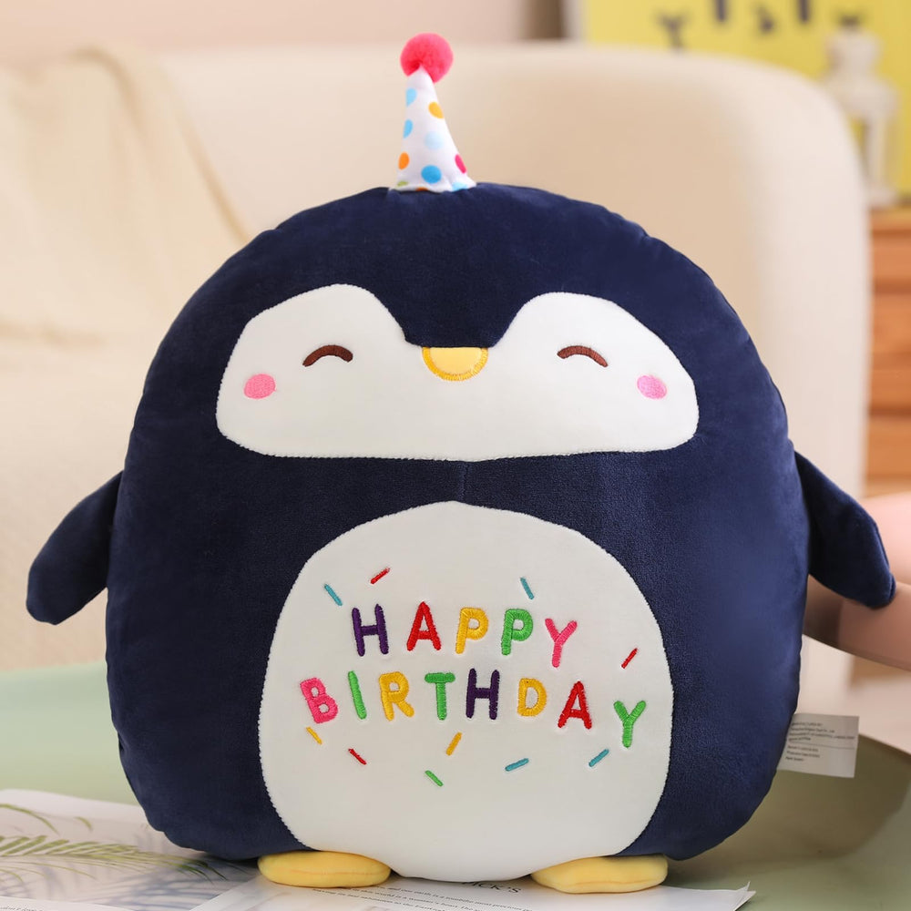 Litence penguin plush belly embroidered with 'Happy Birthday' for festive decor.