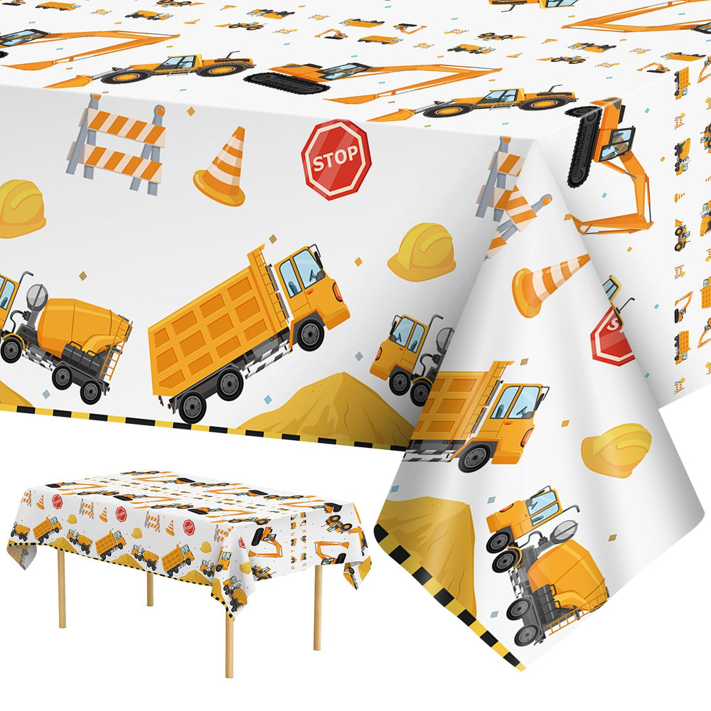 Litmitfu construction tablecloth with yellow trucks pattern for kids' party tables.