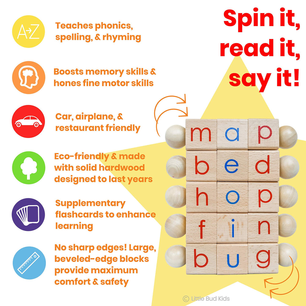 LITTLE BUD KIDS CVC flashcards for decoding practice and self-checking.