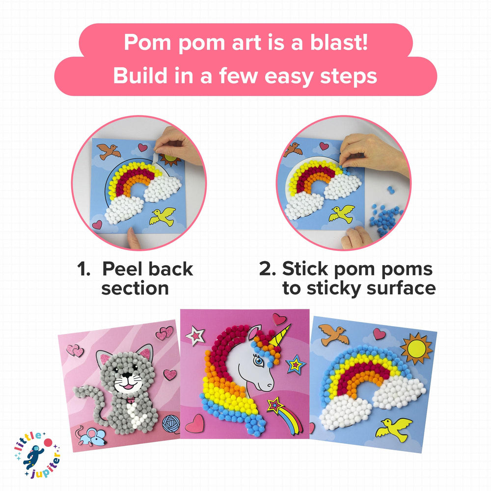 Little Jupiter pom-poms and foam supplies, soft textures for hands-on crafting.