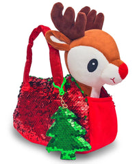 Little Jupiter reindeer plush with purse and sequins ready for imaginative play and gifting.