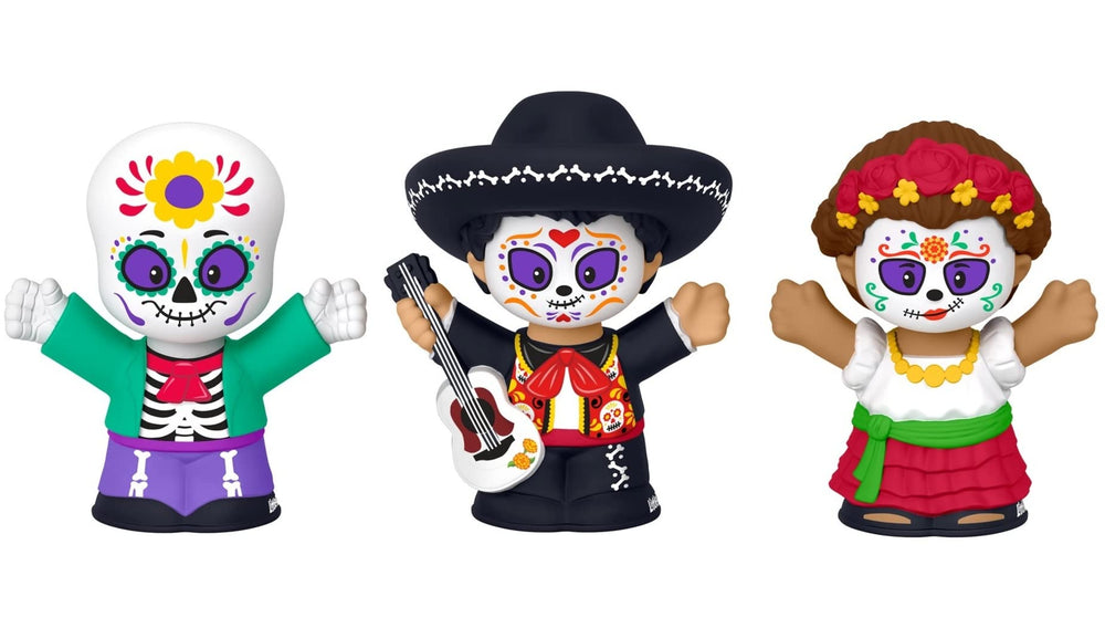 Little People Collector Día de Muertos three figures on a collector shelf.
