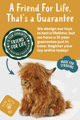 Living Nature Highland Cow plush emphasizes eco-friendly materials from recycled PET bottles.