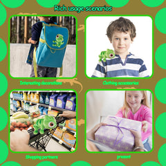 Lizard Plush shows magnet and metal piece for easy attachment to clothing.