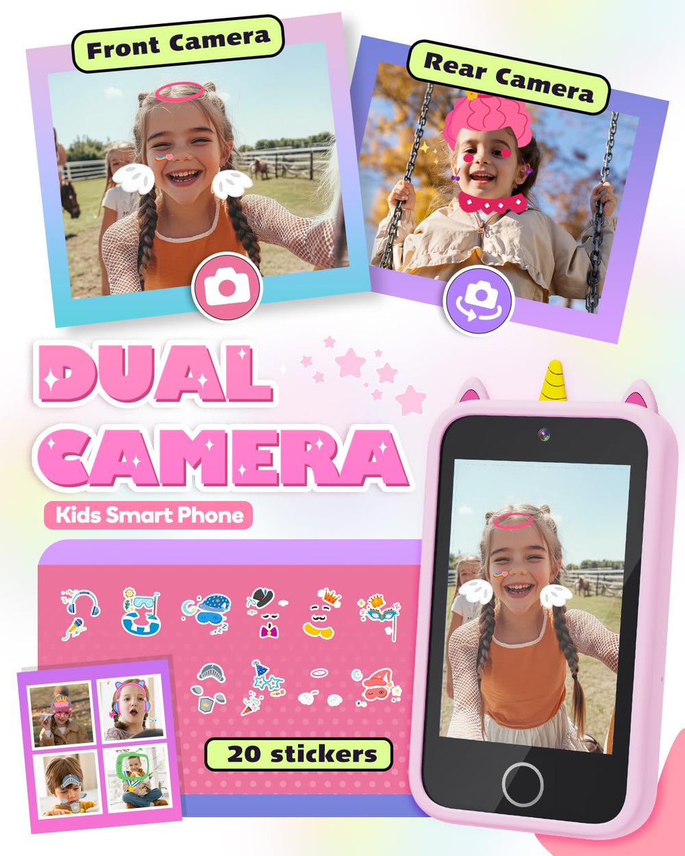 Lizzbey Unicorn Phone dual-camera for selfies and playful photo lessons.