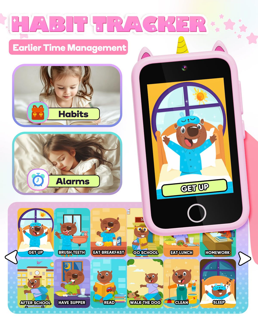 Lizzbey Unicorn Phone learning-content display highlighting ABC and stories features.