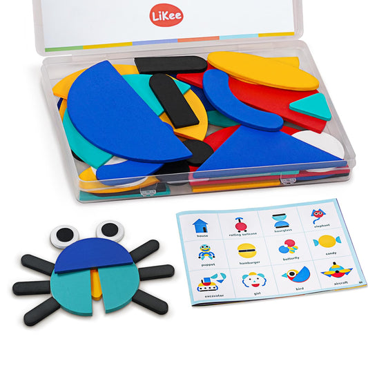 LiKee Open-ended wooden shape puzzles with 36 blocks boost spatial reasoning during play