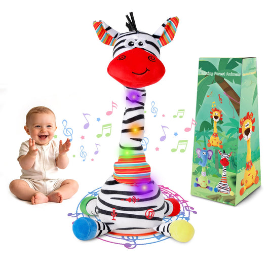 LLUKEME Dancing Talking Zebra Toy performing a dance with bright LEDs for toddlers.