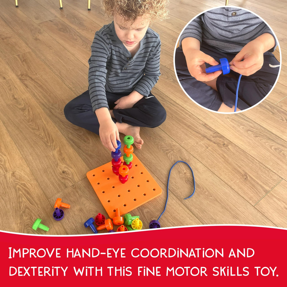 LMC Products child stacks and sorts pegs during imaginative play.